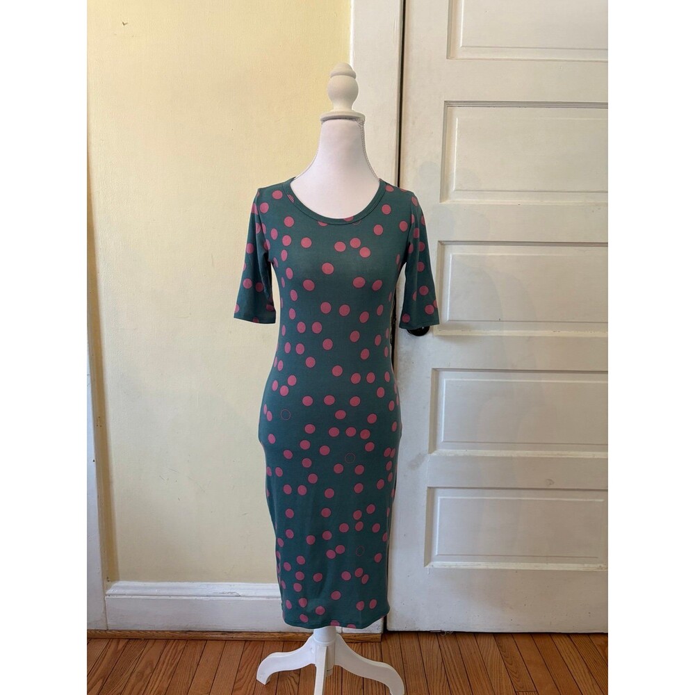 LuLaRoe women’s Julia dress form fitted scoopneck green pink polkadots 80s disco